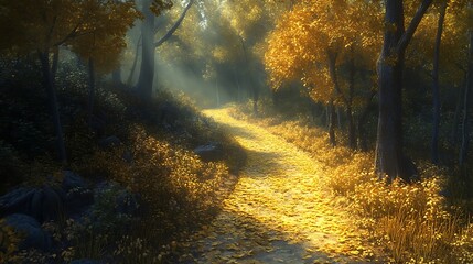 Obraz premium Autumnal Path: A Golden Forest Trail