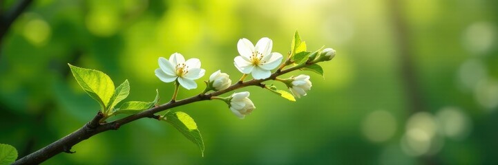 Fototapeta premium Unfurling branch with white flowers, sunlight filtering through, leafy greens, spring