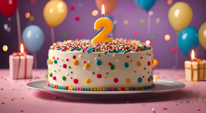 2nd birthday celebration cake, with candles in the shape of the number 2