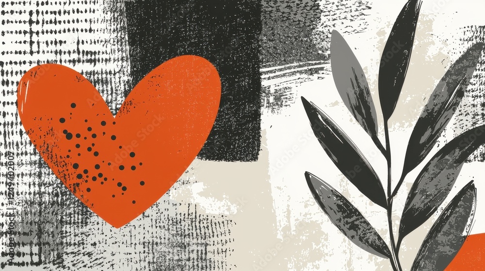 Poster abstract heart and leaf design with textured background elements