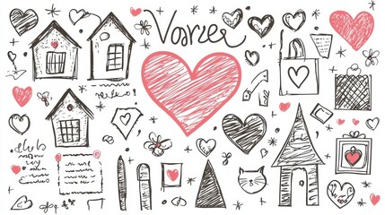 Hand-Drawn Doodle Art with Heart and Home Illustrations