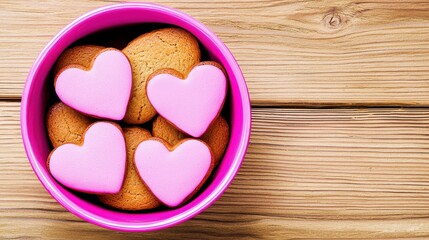 Obraz premium Heart-Shaped Pink Cookies in a Pink Bowl on Wooden Table