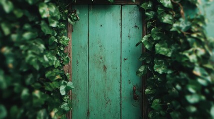 A vibrant green door enveloped by rich greenery, inviting exploration while embodying nature's interplay with art through soft light and organic textures.