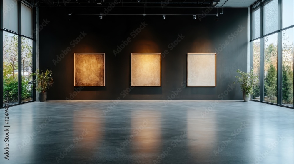 Poster a serene and minimalist art gallery featuring three empty frames on a dark wall, illuminated by natu