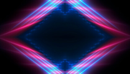 Abstract neon background with bright neon lines and rays, scene.