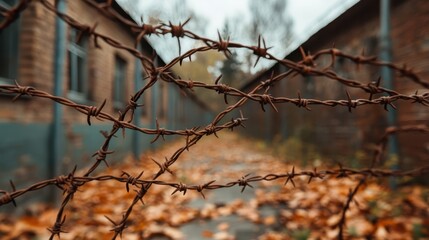 Barbed wire winds through an autumn landscape, framed by fallen leaves and old buildings, evoking feelings of nostalgia and lost beauty in an abandoned space.