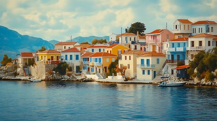 Obraz premium Vibrant Coastal Village in Greece: Picturesque Houses by the Sea