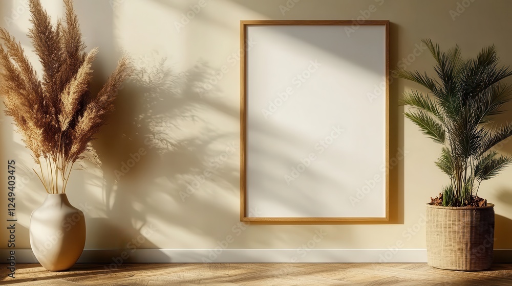 Poster a bright and minimalist corner featuring a blank frame, inviting artistic expression and creativity 