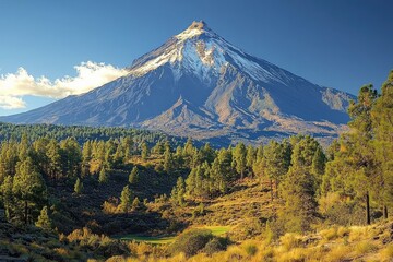 Fototapeta premium A majestic snow-capped volcano surrounded by lush greenery and pine trees under a clear sky.