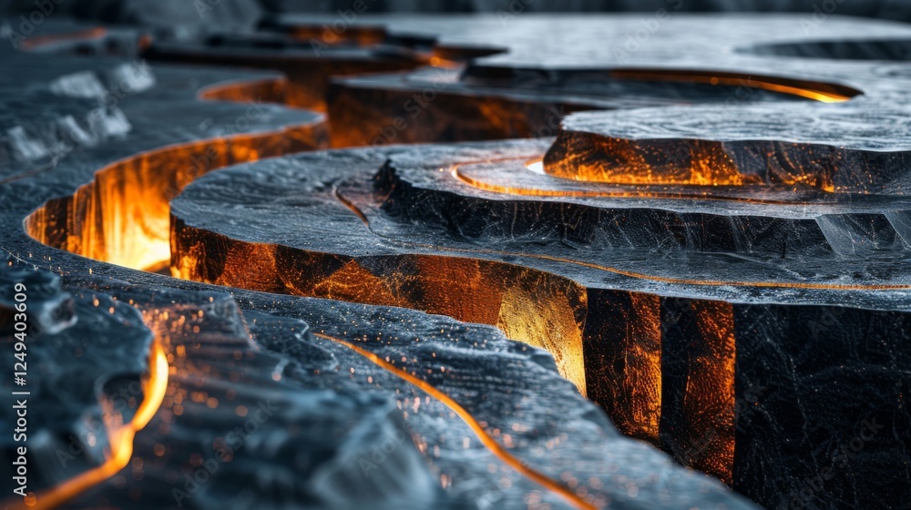 Poster glowing lava flows create a striking contrast against dark textured rocks in a breathtaking undergro