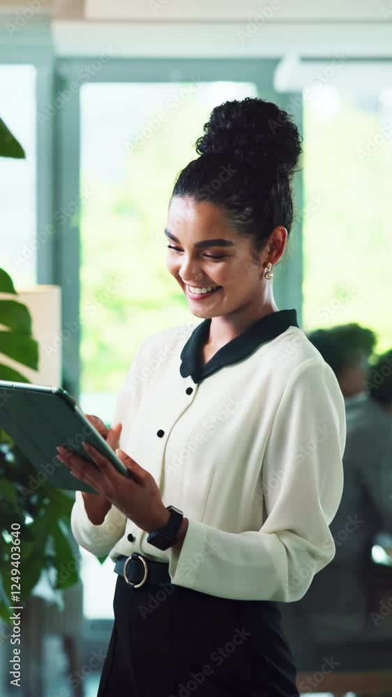 Poster tablet, business and woman with solution, thinking and feedback for project, smile and choice. perso