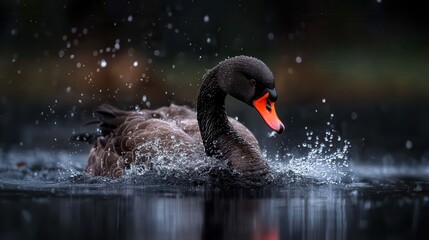 Fototapeta premium An elegant black swan captured in motion with water droplets around it, emphasizing the beauty and fluidity of life in nature’s waterscape.