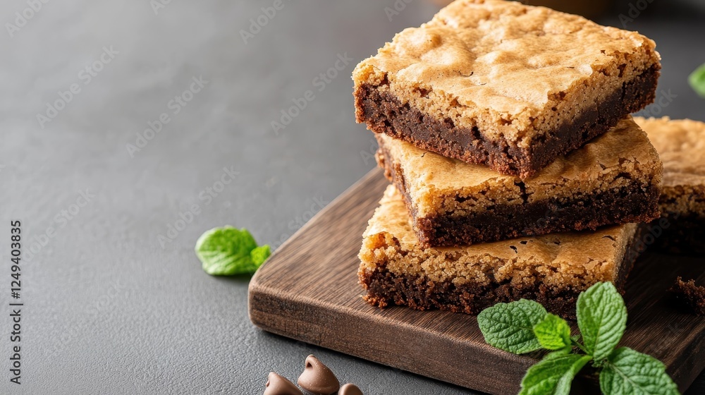 Poster this appetizing image features a stack of fudgy brownies on a wooden board, making it perfect for de