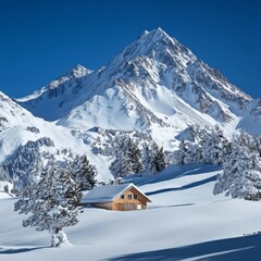 Fototapeta premium Snowy mountain cabin winter landscape; peaceful retreat