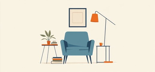 Fototapeta premium Cozy modern living room with armchair, side tables, and lighting decor