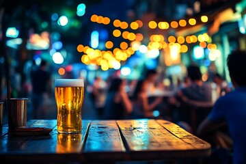 People enjoying music and beer at an outdoor street bar in Asia, bokeh effect