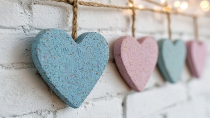 Obraz premium Colorful Heart Decorations on a Brick Wall with String Lights