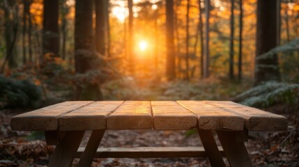 A serene wooden table in the foreground, capturing the warm glow of the sunset through a misty forest, evoking a sense of peace and connection with nature.