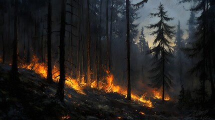 Obraz premium Forest Fire: Wildfire Flames, Smoke, Burning Trees, Disaster, Heat, Emergency, Destruction, and Nature Crisis