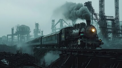 Naklejka premium Train traveling through a coal mine with dark tunnels and rocky terrain in industrial setting