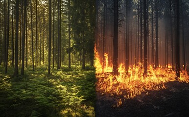 Obraz premium pine forest before and after the fire. ecology, environment, environmental protection