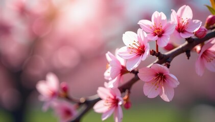 Almond tree in bloom with delicate pink petals, almonds flower tree, branches, trees
