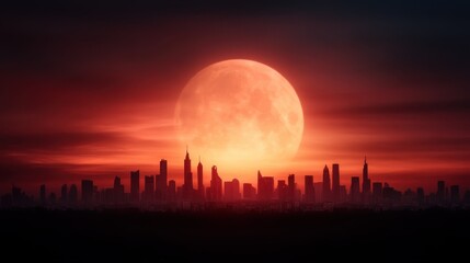 A breathtaking view of a city skyline silhouetted against a vibrant sunset, with a large full moon dominating the scene and casting an enchanting glow over the buildings.