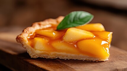 A tempting slice of apple pie, glistening with caramel sauce and accentuated by a fresh basil leaf, capturing a gourmet essence that elevates dessert experiences.