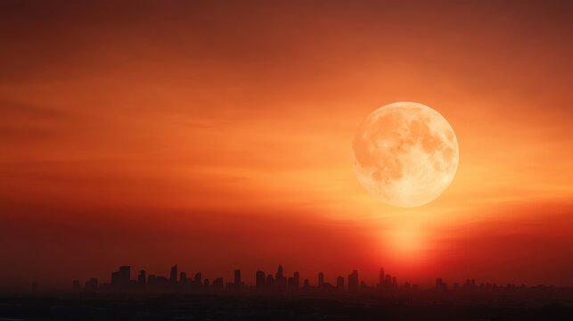 A dramatic evening sky is dominated by a large moonrise over a silhouetted urban skyline, casting silhouettes of buildings against an ethereal backdrop of color.