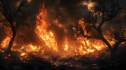 Forest Fire: Wildfire Flames, Smoke, Burning Trees, Disaster, Heat, Emergency, Destruction, and Nature Crisis