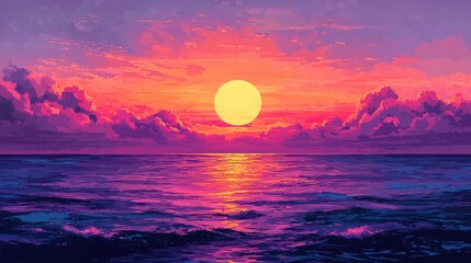 Stunning sunset with dramatic clouds and a bright sun setting on the horizon over a tranquil landscape