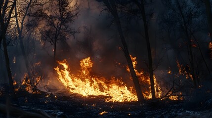Forest Fire: Wildfire Flames, Smoke, Burning Trees, Disaster, Heat, Emergency, Destruction, and Nature Crisis
