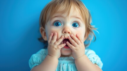 Baby girl with blue eyes smiling while sitting on a soft blanket indoors in natural light