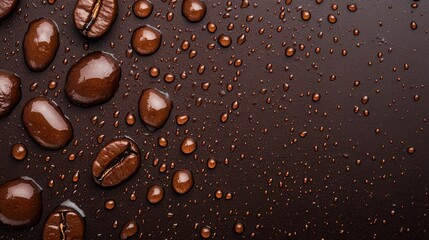 Rich coffee beans scattered on a glossy dark surface, adorned with glimmering water droplets, evoke a wonderfully aromatic and invigorating coffee experience.