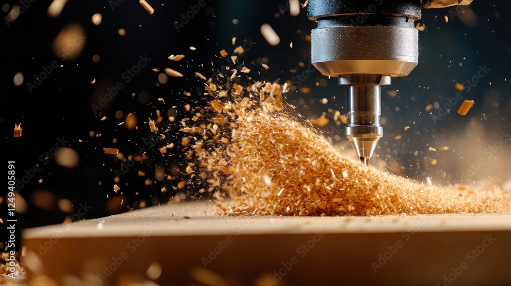 Poster a dynamic scene captures the cnc router cutting through wood, creating a flurry of wood shavings and