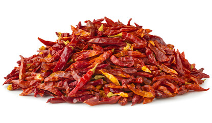 Fototapeta premium Spicy Pile of Dried Red Chili Peppers Isolated on White Background