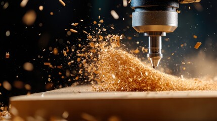 A dynamic scene captures the CNC router cutting through wood, creating a flurry of wood shavings and showcasing precision engineering and craftsmanship in action.