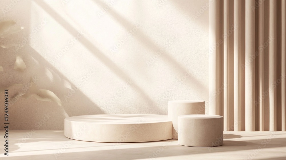 Poster creating a chic and sophisticated atmosphere, the geometric platforms serve as stages for cosmetic p