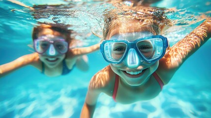 Naklejka premium Two children enjoying a fun day swimming together in a clear blue pool during sunny weather