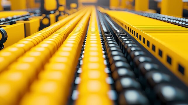 A close-up view of industrial machinery featuring yellow and black components arranged in parallel lines.