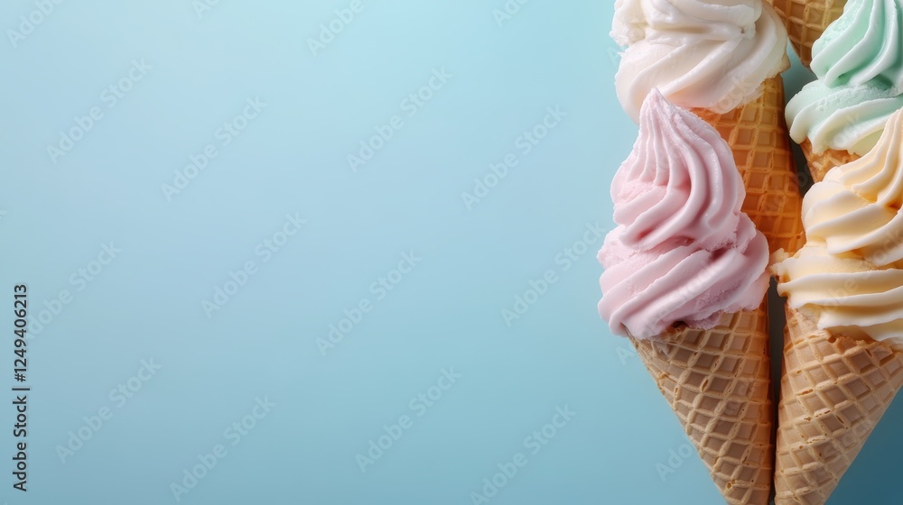 Poster an artistic view of three charming ice cream cones displayed creatively, each with a swirl of creamy