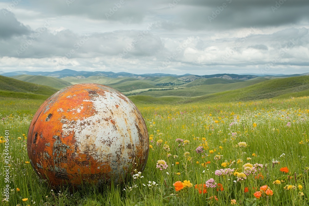 Poster weathered globe in a field of wildflowers with rolling hills in the distance . a large metal sphere 