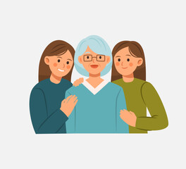 Fototapeta premium Grandmother with Two Loving Granddaughters Illustration