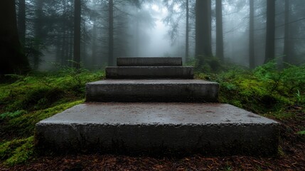 This photo presents a captivating blend of green fern surroundings leading to stair-like concrete steps, inviting a journey through the misty woodland.