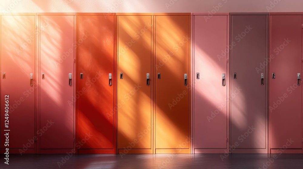 Poster this image showcases a series of colorful lockers, illuminated by soft sunlight casting interesting 