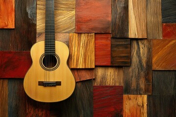 Fototapeta premium Acoustic guitar rests against a multi toned wooden block background