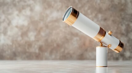 This elegant image features a sleek white and gold telescope, positioned against a neutral backdrop, symbolizing the pursuit of knowledge and discovery in a minimalist art style.