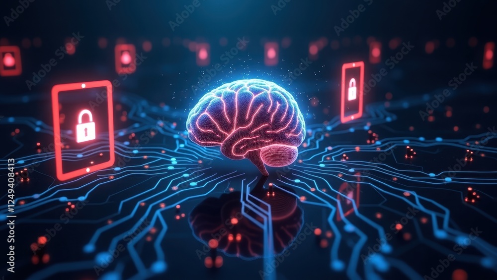 Poster neurohacking and brain interface protection techniques illustrated through digital imagery in a futu