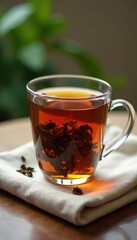 Fototapeta premium Delicate black tea leaves float in a glass cup on a soft napkin, gentle, glass