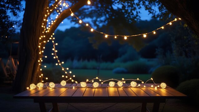 Empty Wood table top with decorative outdoor string lights hanging on tree in the garden at night time	
